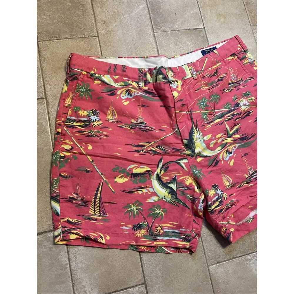 Polo Ralph Lauren Shorts Mens 38 Pink Fishing Linen Bermuda Hawaiian Swordfish